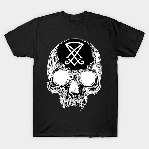 Human skull with Sigil of Lucifer T-Shirt by OccultOmaStore